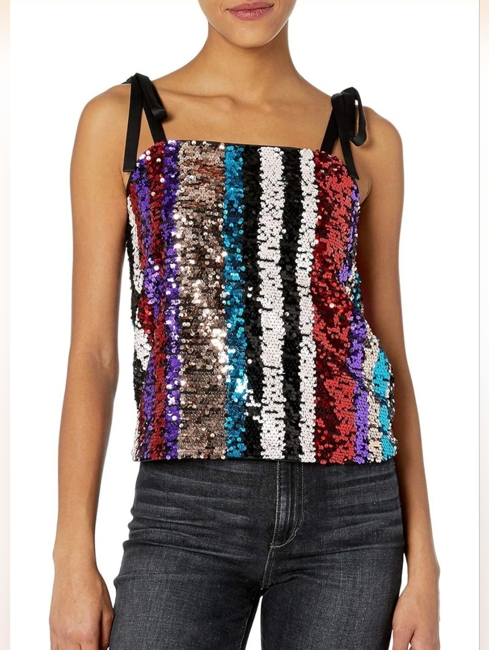 AM Armani Exchange Sequin Stripe Tie-Shoulder Party Tank Top - Multicolor New Sm